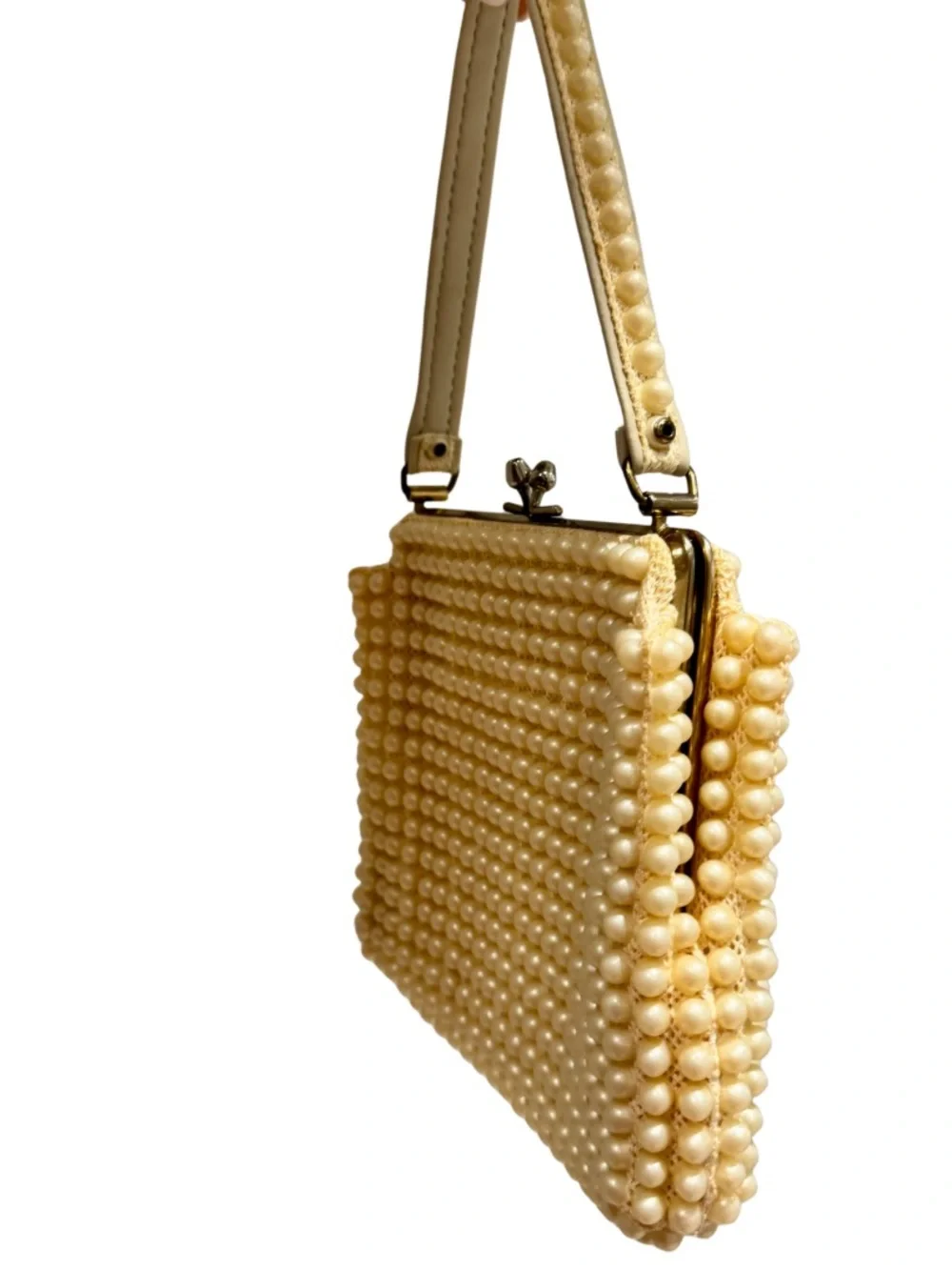 Vintage Pearl-Embellished Cream Frame Clutch Purse Handbag - Retro!